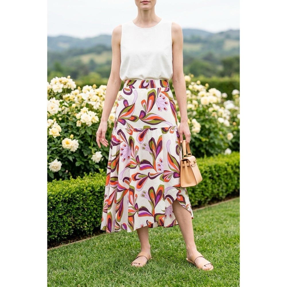 Setre Women's Flare Mid Skirt Tropical Elastic Waist Pockets, Slit Front